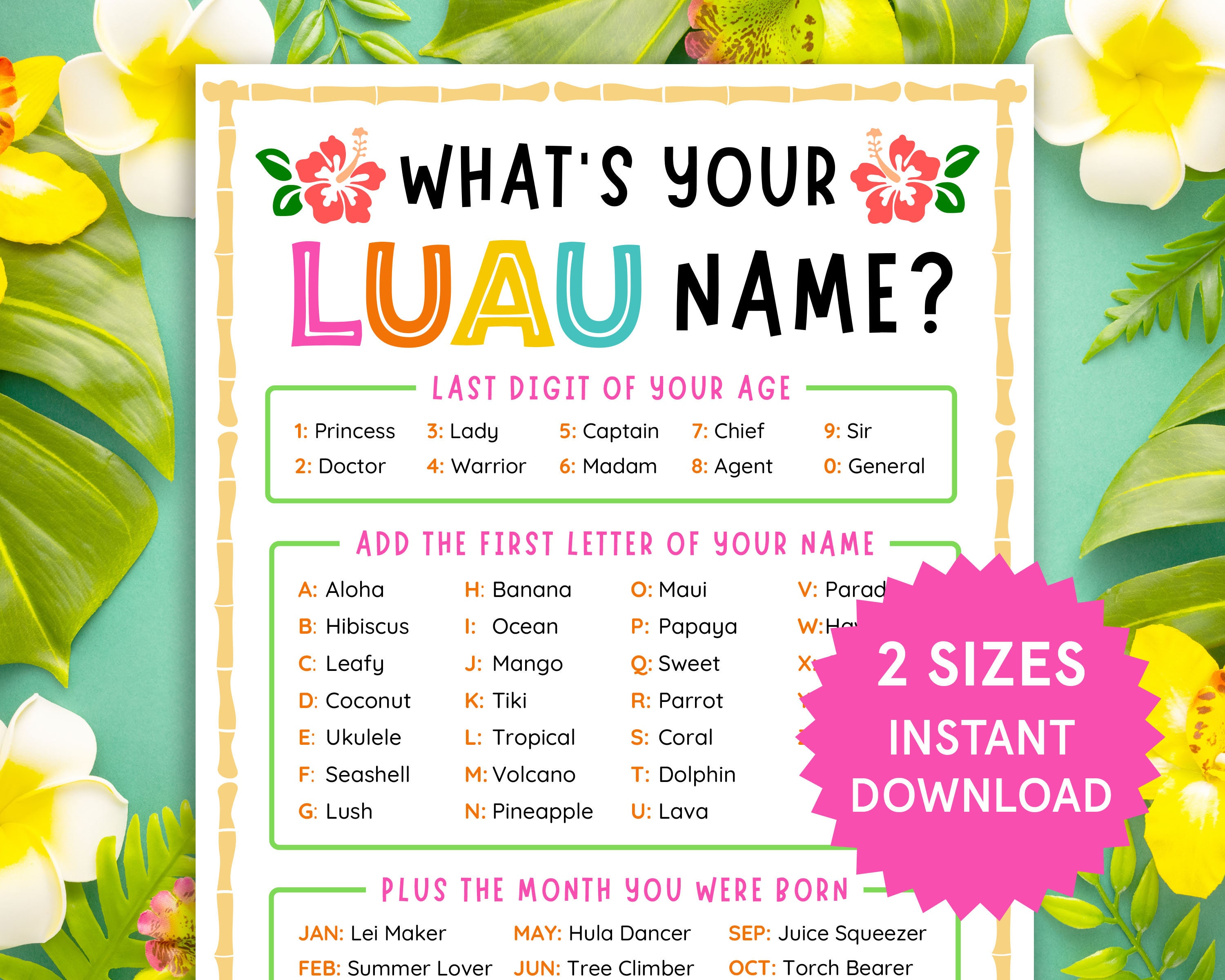 Whats Your Luau Name, Name Tags, Sign Luau Name Game Luau Games for Kids Hawaii Birthday Games ...