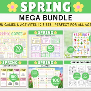 Puede incluir: Un mega paquete temático de primavera con varios juegos y actividades. La imagen presenta tarjetas de juego, incluyendo Spring Games, Friendly Feud y Spring Coloring, con el texto "SPRING MEGA BUNDLE" en la parte superior. El paquete incluye 2 tamaños y es adecuado para todas las edades.