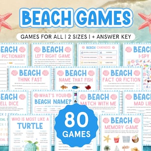 Pode incluir: Uma cole&ccedil;&atilde;o de 80 jogos com tema de praia, incluindo pictionary de emoji, charadas e jogos de procura. Os jogos s&atilde;o projetados para todas as idades e v&ecirc;m em dois tamanhos com uma chave de resposta. A imagem apresenta um esquema de cores azul e branco com detalhes de estrelas do mar.
