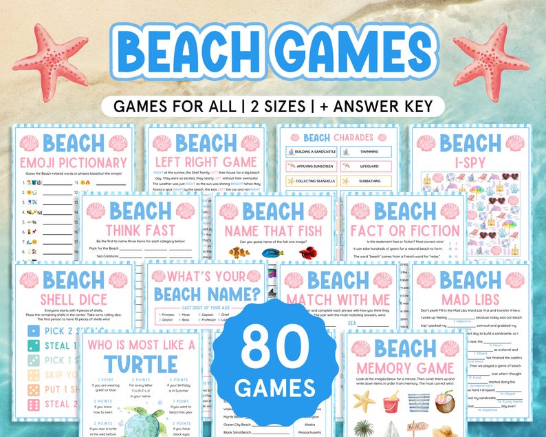Pode incluir: Uma cole&ccedil;&atilde;o de 80 jogos com tema de praia, incluindo pictionary de emoji, charadas e jogos de procura. Os jogos s&atilde;o projetados para todas as idades e v&ecirc;m em dois tamanhos com uma chave de resposta. A imagem apresenta um esquema de cores azul e branco com detalhes de estrelas do mar.
