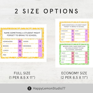 May include: Two printable game cards with a yellow and pink border. The cards are for a game where players name things students might forget to bring to school or things found in a school cafeteria. The cards are available in two sizes: full size (8.5 x 11 inches) and economy size (8.5 x 11 inches).