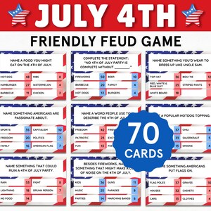 May include: A game set for the 4th of July, titled "Friendly Feud Game." The design features red, white, and blue colors with patriotic stars. The game includes 70 cards with various fill-in-the-blank questions.