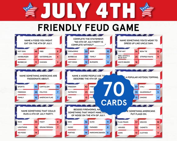 Fourth of July Friendly Feud Fun 4th of July Party Games for Kids Adults Family Games 4th of July Activities Fourth of July Party Group Game