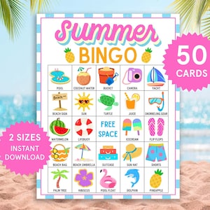 Bingo de verano Actividades de verano para niños Juegos de verano en familia Juegos de verano en grupo Tarjetas de bingo imprimibles Imprimibles de verano Rompehielos de verano