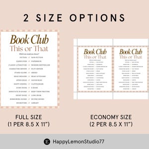 May include: Two size options for a "Book Club This or That" game. The full size is 8.5 x 11 inches, and the economy size includes two per 8.5 x 11 inches. The game lists reading preferences such as fiction vs. non-fiction.