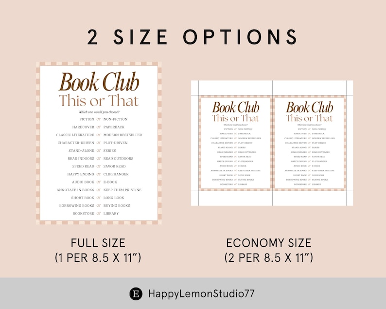 May include: Two size options for a "Book Club This or That" game. The full size is 8.5 x 11 inches, and the economy size includes two per 8.5 x 11 inches. The game lists reading preferences such as fiction vs. non-fiction.