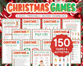 May include: A collection of printable Christmas game sheets featuring titles like What's Your Reindeer Name, Christmas Song Emoji Game, and Christmas Scattergories. A large red glittery badge displays the text 150 Games & Activities.