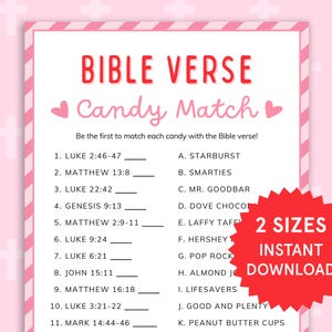 以下が含まれることがあります： 「Bible Verse Candy Match」というタイトルのピンクと白の印刷可能なゲーム。このゲームは、聖書の詩とキャンディー名を一致させるリストが特徴です。赤いバーストグラフィックは「2サイズインスタントダウンロード」と表示されています。