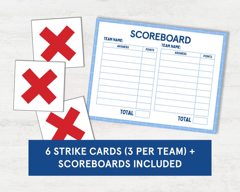 Pu&ograve; includere: Un tabellone segnapunti stampabile blu e bianco con il testo "SCOREBOARD" e "TEAM NAME:" con due colonne per le risposte e i punti. Ci sono sei carte di strike rosse con una X bianca su di esse. Il testo nella parte inferiore dell'immagine dice "6 STRIKE CARDS (3 PER TEAM) + SCOREBOARDS INCLUDED".