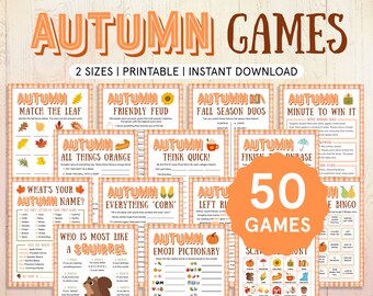 May include: A collection of printable autumn-themed game sheets featuring titles like Autumn Match the Leaf, Friendly Feud, and Emoji Pictionary. The documents have orange and white checkered borders, brown text, and a large orange circle stating 50 GAMES.