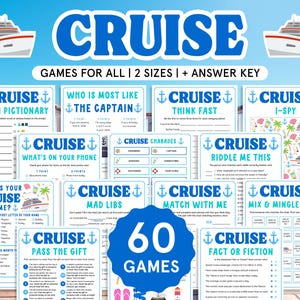 May include: A selection of cruise-themed party games in blue and white. The image shows various game cards with titles such as "Emoji Pictionary," "Who Is Most Like The Captain," and "Cruise I-Spy." The word "Cruise" is displayed in large, bold letters.