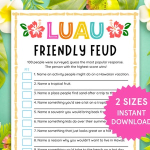 Könnte beinhalten: Ein druckbares Spiel namens "Friendly Feud" mit einem Luau-Thema. Das Spiel fordert die Spieler auf, die beliebteste Antwort auf eine Reihe von Fragen über Hawaii zu erraten. Das Spiel ist in zwei Größen erhältlich und kann sofort heruntergeladen werden.