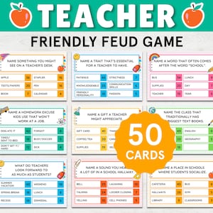 Op de afbeelding: Een set van 50 "Teacher Friendly Feud Game" kaarten. Elke kaart bevat een vraag en een lijst met antwoorden met puntwaarden. De speelkaarten zijn kleurrijk en ontworpen voor educatief gebruik, met een grote oranje cirkel met de tekst "50 kaarten".