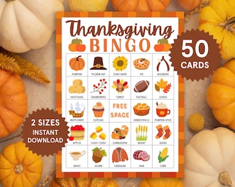 Puede incluir: Tarjeta de juego de bingo de Acción de Gracias con un diseño festivo. La tarjeta presenta una cuadrícula de imágenes temáticas de Acción de Gracias y el texto "Thanksgiving Bingo". Incluye 50 tarjetas y está disponible en 2 tamaños. Las calabazas y las calabazas rodean la tarjeta.