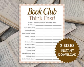 Book Club Think Fast, Book Club Games, Book Club Icebreakers, Book Club Activities, Printable Games for Book Clubs, Book Club Meeting Game