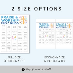 K&ouml;nnte beinhalten: Zwei "Praise & Worship Music Bingo" Spielkarten vor wei&szlig;em Hintergrund. Die Karte in voller Gr&ouml;&szlig;e misst 21,6 x 27,9 cm, und die Economy-Gr&ouml;&szlig;e hat zwei Karten mit den gleichen Abmessungen. Die Spielkarten zeigen ein Kreuz und Noten.