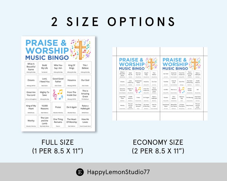 K&ouml;nnte beinhalten: Zwei "Praise & Worship Music Bingo" Spielkarten vor wei&szlig;em Hintergrund. Die Karte in voller Gr&ouml;&szlig;e misst 21,6 x 27,9 cm, und die Economy-Gr&ouml;&szlig;e hat zwei Karten mit den gleichen Abmessungen. Die Spielkarten zeigen ein Kreuz und Noten.