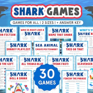 Peut inclure: Un ensemble de 30 jeux sur le thème des requins, comprenant des jeux de questions-réponses et d'association. Les jeux présentent des designs colorés et des polices ludiques, avec des titres tels que "Shark Fact or Fiction" et "Shark Scavenger Hunt".