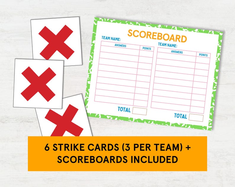 May include: Printable game set with two scoreboards and six strike cards. The scoreboards are green with white and blue text. The strike cards are white with a red X.