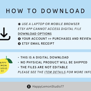 K&ouml;nnte beinhalten: Eine digitale Download-Anleitung mit Anweisungen zum Herunterladen von Dateien von Etsy. Das Bild enth&auml;lt ein schwarzes Download-Symbol, ein gelbes Zitronenlogo und den Text "HOW TO DOWNLOAD" und "Happy Lemon Studio 77".