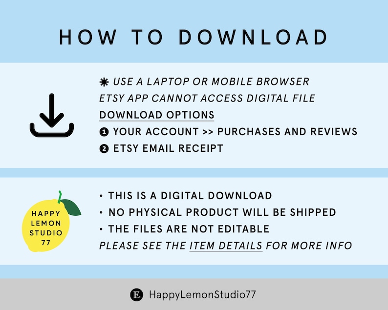 K&ouml;nnte beinhalten: Eine digitale Download-Anleitung mit Anweisungen zum Herunterladen von Dateien von Etsy. Das Bild enth&auml;lt ein schwarzes Download-Symbol, ein gelbes Zitronenlogo und den Text "HOW TO DOWNLOAD" und "Happy Lemon Studio 77".