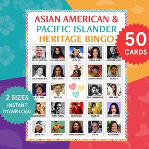 Puede incluir: Un colorido juego de tarjetas de bingo con el texto "ASIAN AMERICAN & PACIFIC ISLANDER HERITAGE BINGO." La tarjeta presenta imágenes de figuras notables y el texto "50 TARJETAS." También son visibles las palabras "2 TAMAÑOS" y "DESCARGA INSTANTÁNEA".