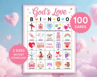 Tarjetas de bingo del amor de Dios Bingo bíblico de San Valentín para niños Bingo cristiano Juegos bíblicos imprimibles Juegos del ministerio de mujeres Juego bíblico de San Valentín