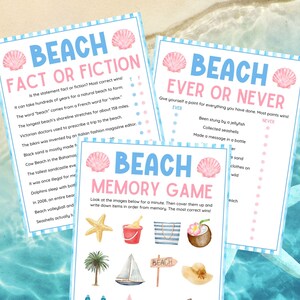 Pode incluir: Tr&ecirc;s folhas de jogos imprim&iacute;veis com tema de praia. Os jogos incluem "Beach Fact or Fiction", "Beach Ever or Never" e "Beach Memory Game". Cada folha tem um esquema de cores azul e rosa com gr&aacute;ficos de conchas.