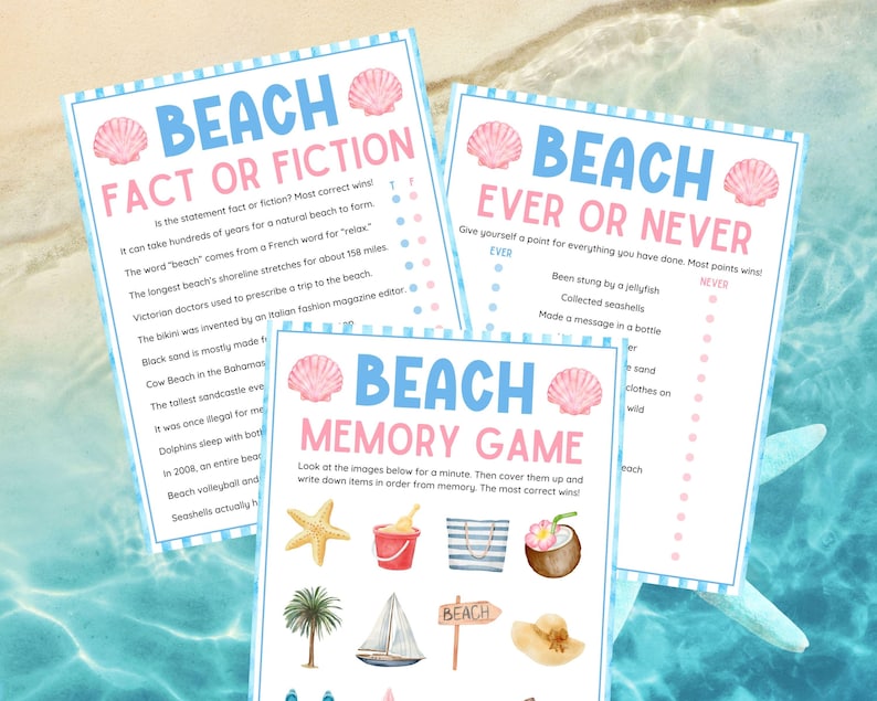 Pode incluir: Tr&ecirc;s folhas de jogos imprim&iacute;veis com tema de praia. Os jogos incluem "Beach Fact or Fiction", "Beach Ever or Never" e "Beach Memory Game". Cada folha tem um esquema de cores azul e rosa com gr&aacute;ficos de conchas.