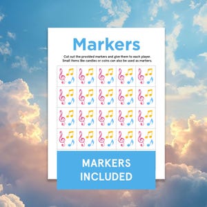 K&ouml;nnte beinhalten: Ein wei&szlig;es Blatt Papier mit dem Wort "Markers" in Blau oben. Darunter Reihen von Musiknoten in Rosa, Gelb und Blau. Der Text "MARKERS INCLUDED" befindet sich in einem blauen Rechteck unten.