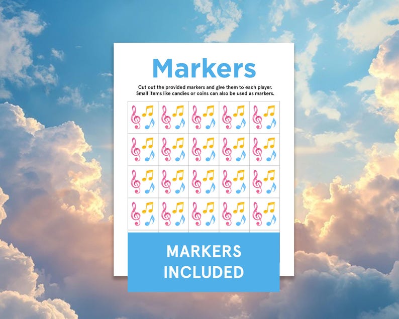 K&ouml;nnte beinhalten: Ein wei&szlig;es Blatt Papier mit dem Wort "Markers" in Blau oben. Darunter Reihen von Musiknoten in Rosa, Gelb und Blau. Der Text "MARKERS INCLUDED" befindet sich in einem blauen Rechteck unten.