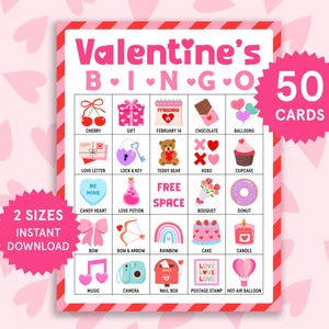 Può includere: Un cartoncino del gioco del Bingo di San Valentino con un tema rosa e rosso. Il cartoncino presenta varie illustrazioni a tema San Valentino e il testo "Valentine's Bingo". Include 50 cartoncini e opzioni di download immediato.
