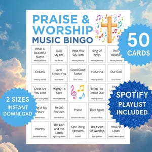 K&ouml;nnte beinhalten: Ein wei&szlig;es Blatt mit dem Text "PRAISE & WORSHIP MUSIC BINGO" und Songtiteln. Enth&auml;lt ein Holzkreuz mit Noten, einen blauen Stern mit "50 KARTEN" und "SPOTIFY PLAYLIST INCLUDED".