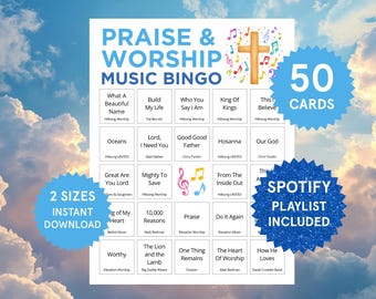 Bingo de música cristiana, tarjetas de bingo de música de alabanza y adoración, juegos bíblicos, bingo de himnos, bingo de iglesia para adultos, bingo cristiano para grupos juveniles.
