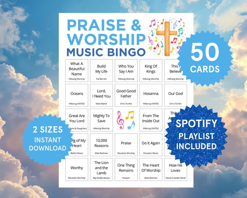 K&ouml;nnte beinhalten: Ein wei&szlig;es Blatt mit dem Text "PRAISE & WORSHIP MUSIC BINGO" und Songtiteln. Enth&auml;lt ein Holzkreuz mit Noten, einen blauen Stern mit "50 KARTEN" und "SPOTIFY PLAYLIST INCLUDED".
