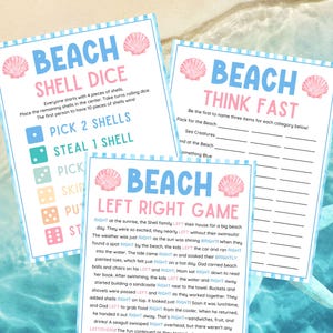 Pode incluir: Tr&ecirc;s folhas de jogos com tema de praia com bordas azuis e gr&aacute;ficos de conchas. Os jogos incluem "Beach Shell Dice", "Beach Think Fast" e "Beach Left Right Game". O texto est&aacute; em uma fonte l&uacute;dica, perfeito para uma festa na praia.