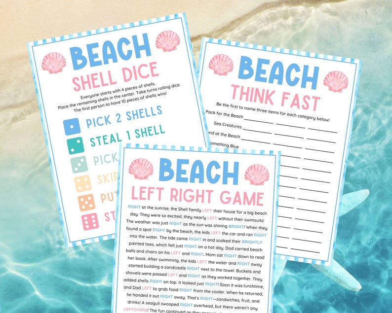 Pode incluir: Tr&ecirc;s folhas de jogos com tema de praia com bordas azuis e gr&aacute;ficos de conchas. Os jogos incluem "Beach Shell Dice", "Beach Think Fast" e "Beach Left Right Game". O texto est&aacute; em uma fonte l&uacute;dica, perfeito para uma festa na praia.