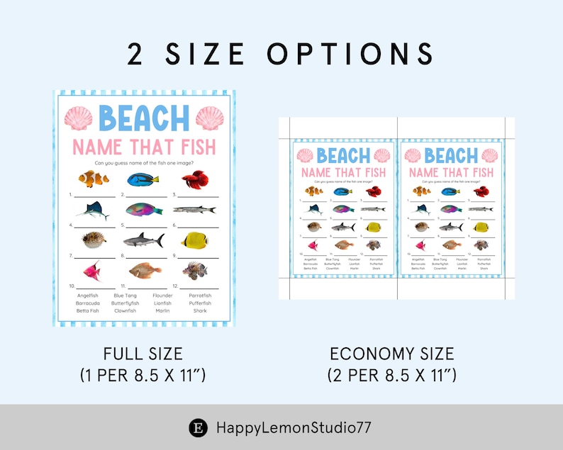 Pode incluir: Um jogo "Beach Name That Fish" azul e rosa com ilustra&ccedil;&otilde;es de v&aacute;rios peixes. O jogo oferece duas op&ccedil;&otilde;es de tamanho: tamanho completo (8,5 x 11 polegadas) e tamanho econ&ocirc;mico (dois por 8,5 x 11 polegadas).