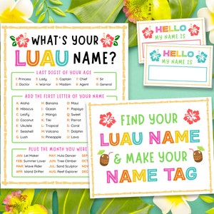 Whats Your Luau Name, Name Tags, Sign Luau Name Game Luau Games for Kids Hawaii Birthday Games Hawaii Theme Tiki Party Tropical Party Games
