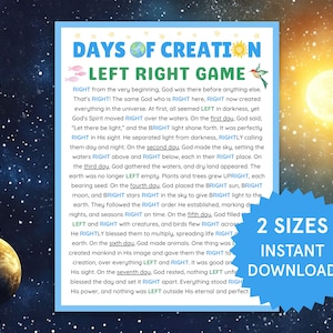 May include: A blue and white printable game titled "Days of Creation Left Right Game." The text describes the creation story, with words like "right" and "left" highlighted. Includes a blue badge that says "2 Sizes Instant Download."