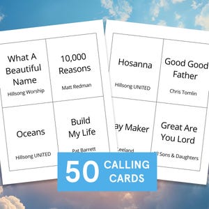 K&ouml;nnte beinhalten: Zwei wei&szlig;e Visitenkarten mit Songtiteln und K&uuml;nstlernamen, darunter "What A Beautiful Name" und "10.000 Reasons". Ein blaues Rechteck unten zeigt "50 CALLING CARDS."