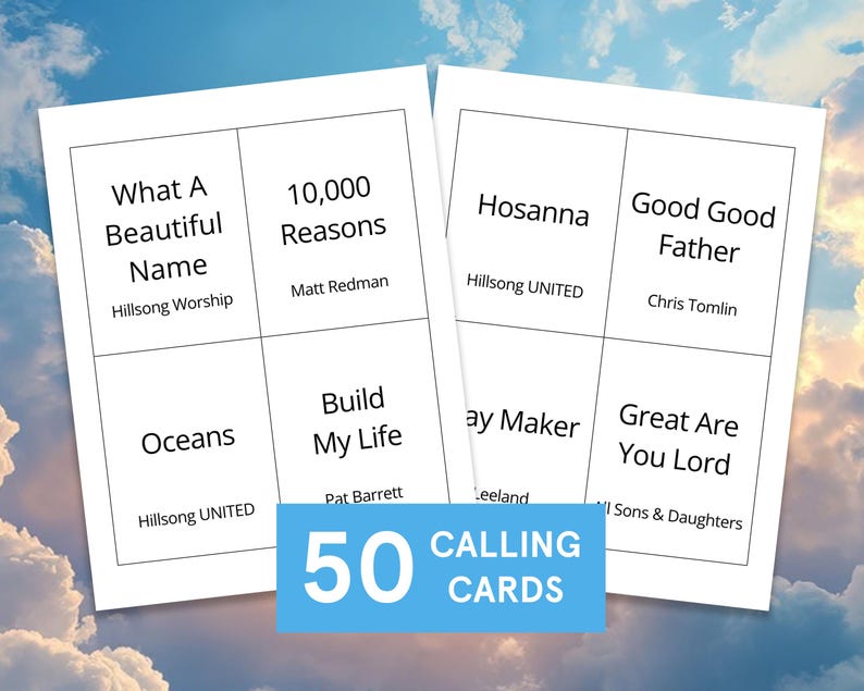 K&ouml;nnte beinhalten: Zwei wei&szlig;e Visitenkarten mit Songtiteln und K&uuml;nstlernamen, darunter "What A Beautiful Name" und "10.000 Reasons". Ein blaues Rechteck unten zeigt "50 CALLING CARDS."