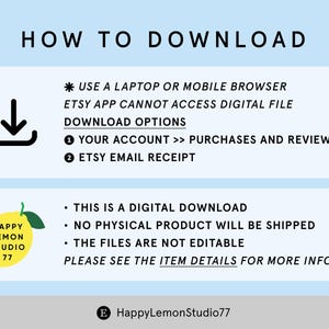 Pode incluir: Um guia de download digital com instru&ccedil;&otilde;es sobre como baixar arquivos do Etsy. O texto inclui "Como baixar", op&ccedil;&otilde;es de download e uma nota sobre downloads digitais. Um logotipo de lim&atilde;o amarelo est&aacute; no canto inferior esquerdo.