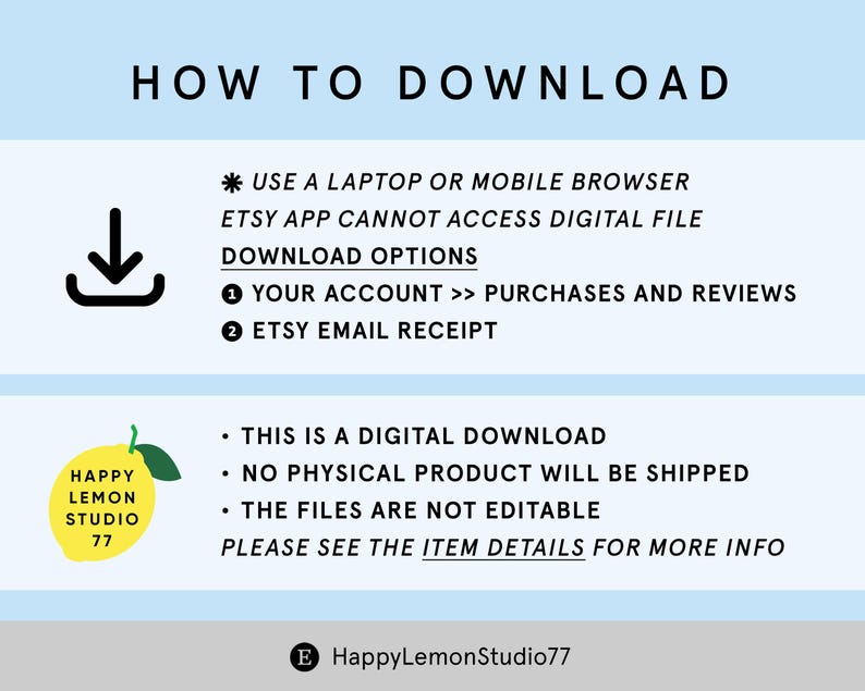 Pode incluir: Um guia de download digital com instru&ccedil;&otilde;es sobre como baixar arquivos do Etsy. O texto inclui "Como baixar", op&ccedil;&otilde;es de download e uma nota sobre downloads digitais. Um logotipo de lim&atilde;o amarelo est&aacute; no canto inferior esquerdo.