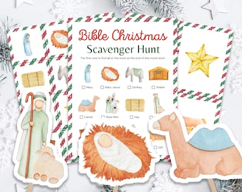 May include: A Christmas scavenger hunt game with the text "Bible Christmas Scavenger Hunt." The game features illustrations of Mary, Baby Jesus, a donkey, a stable, a camel, and the Wise Men. The border is red and green.