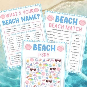 Pode incluir: Tr&ecirc;s folhas de jogos com tema de praia com detalhes em azul e rosa. Os jogos incluem "Qual &eacute; o seu nome de praia?", "Beach Match" e "Beach I-Spy". Cada folha apresenta gr&aacute;ficos de conchas e atividades relacionadas &agrave; praia.