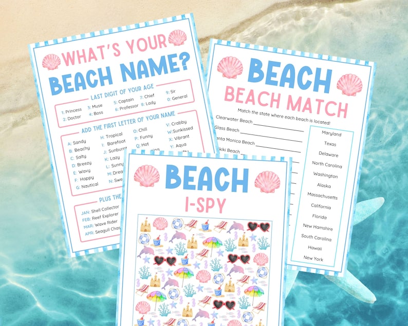 Pode incluir: Tr&ecirc;s folhas de jogos com tema de praia com detalhes em azul e rosa. Os jogos incluem "Qual &eacute; o seu nome de praia?", "Beach Match" e "Beach I-Spy". Cada folha apresenta gr&aacute;ficos de conchas e atividades relacionadas &agrave; praia.