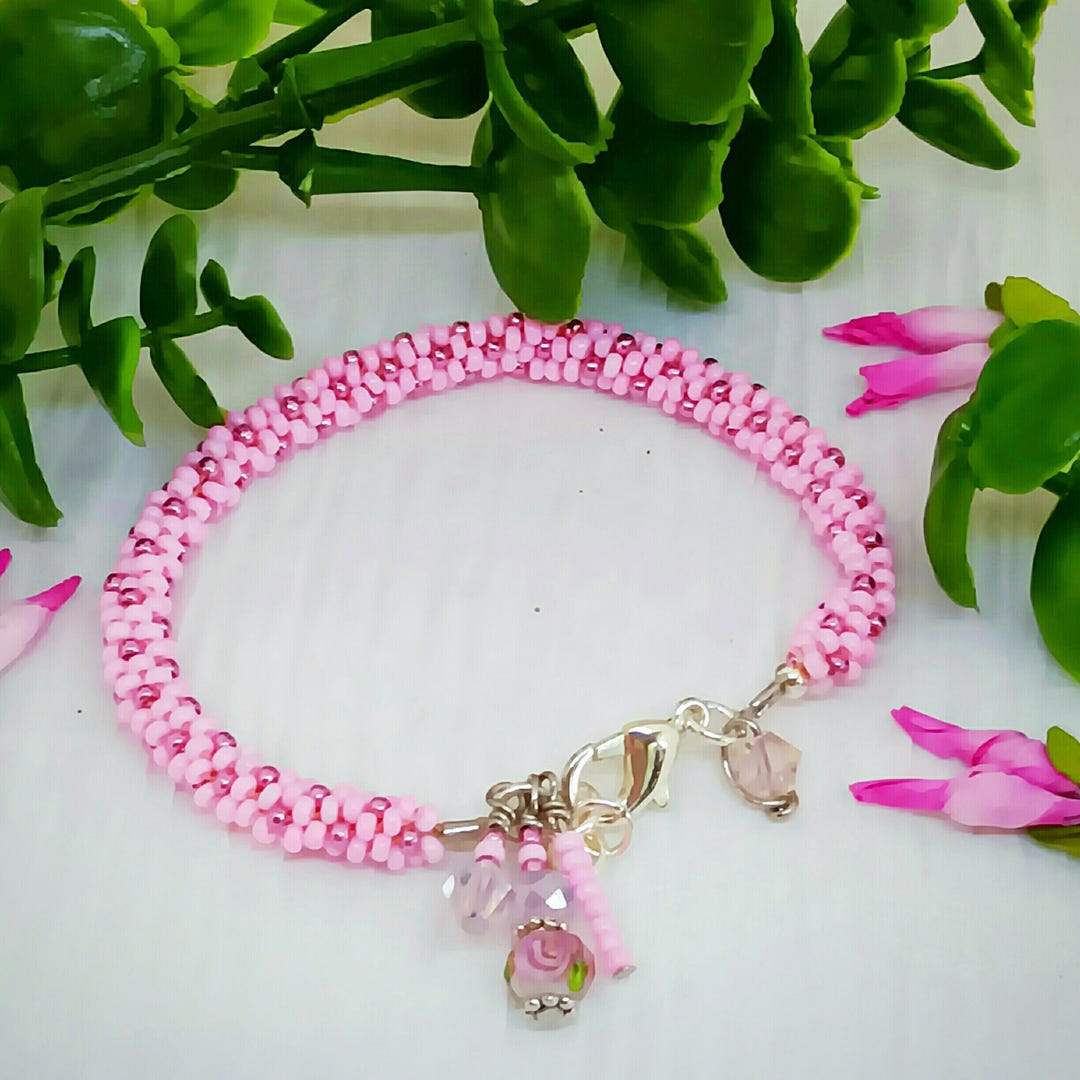 Elegant Blush Pink Bracelet With Flower Charm Soft Pink Floral Bead Bracelet Dainty Petite