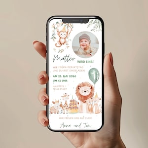 Personalisierte Einladung mit Foto | Einladungskarte Safari Tiere Junge | Whatsapp Vorlage | Ecard Geburtstag Einladung | Erster Geburtstag