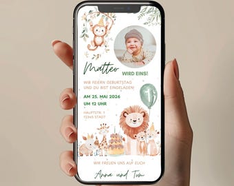 Personalisierte Einladung mit Foto | Einladungskarte Safari Tiere Junge | Whatsapp Vorlage | Ecard Geburtstag Einladung | Erster Geburtstag